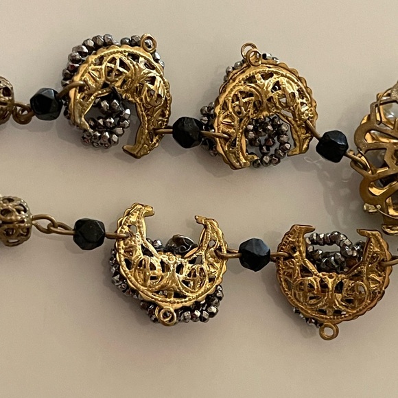 Haskell Diamonte Pearl Gold Filigree Black Pendant Signed Vintage Necklace - Picture 10 of 14